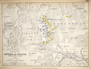 Mapa bitvy u Aspern nebo Esslingu, vydaná společností William Blackwood and Sons, Edinburgh und London, 1848 (ručně kolorovaná rytina)